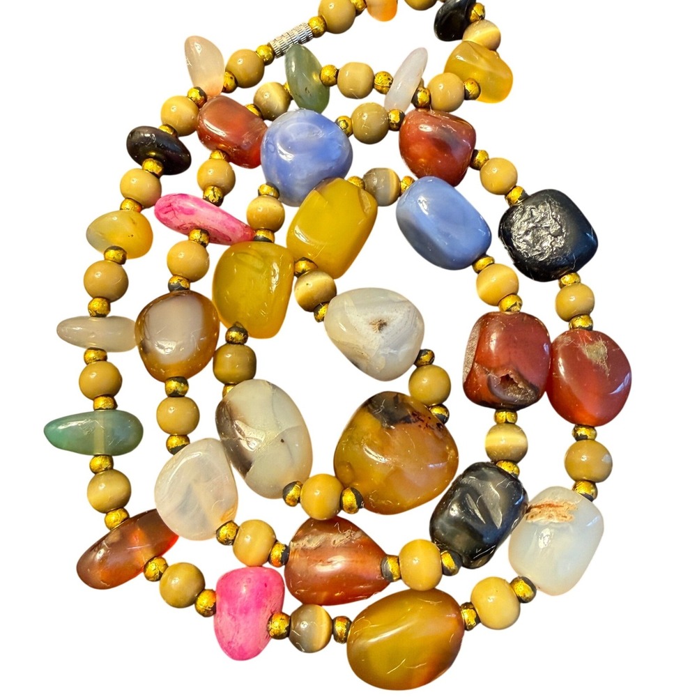 Beaded Gemstone Necklace Multi-Color Bohemian Chunky Eclectic Statement